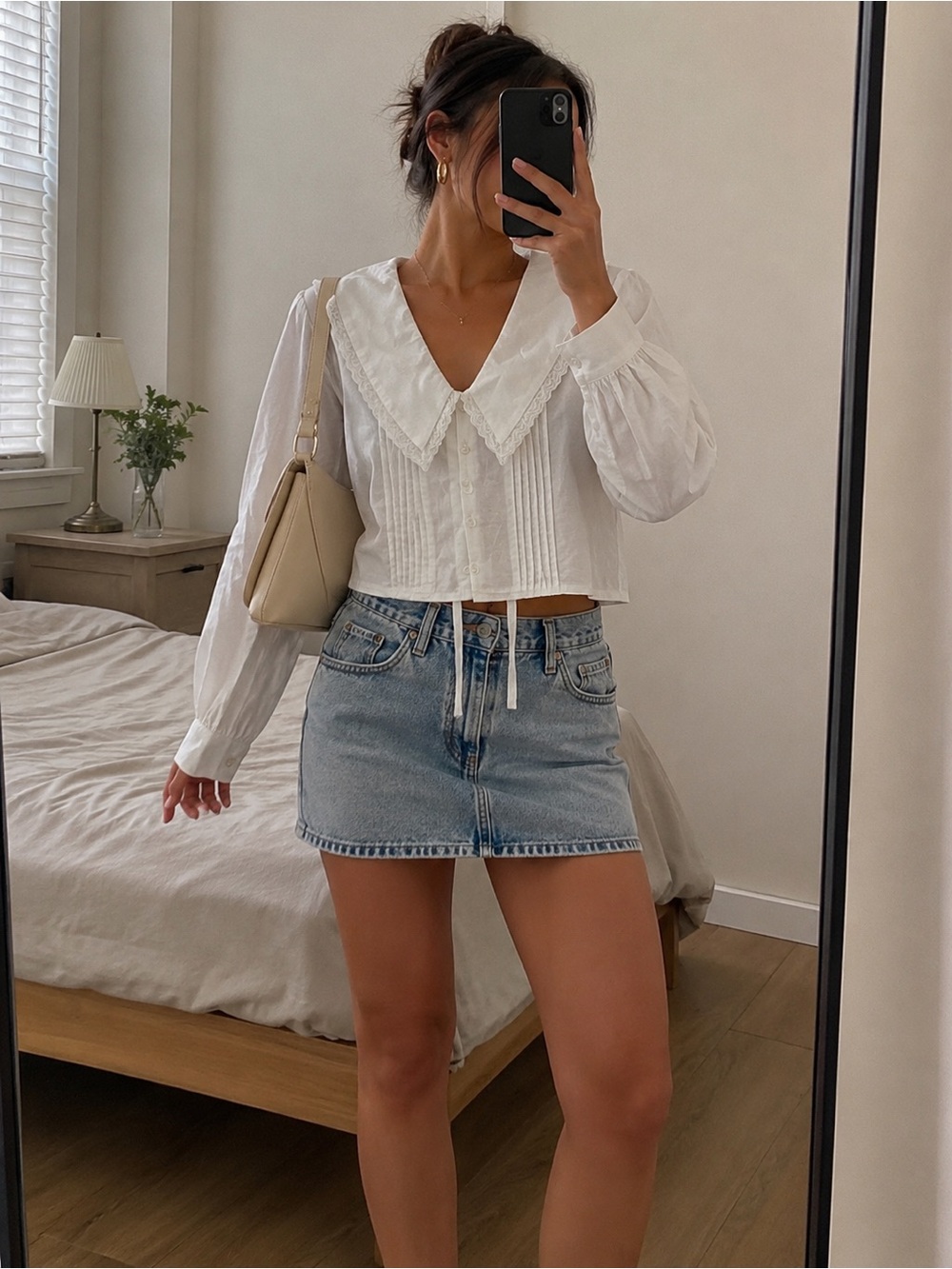 Wayf White Cotton Lace Trim Blouse Boho V-Neck Long Sleeve Button Front Top M